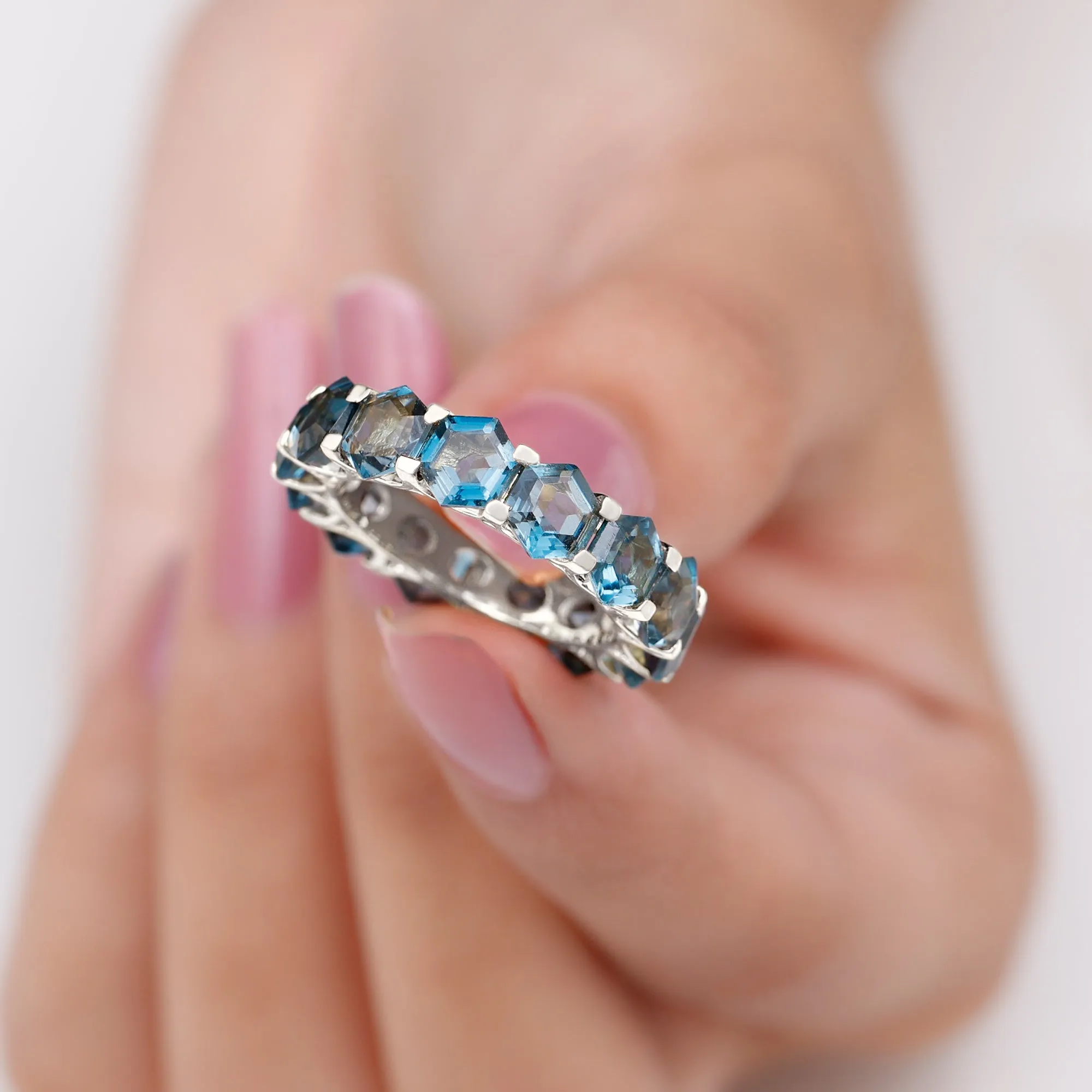 Hexagon Cut London Blue Topaz Eternity Band Ring