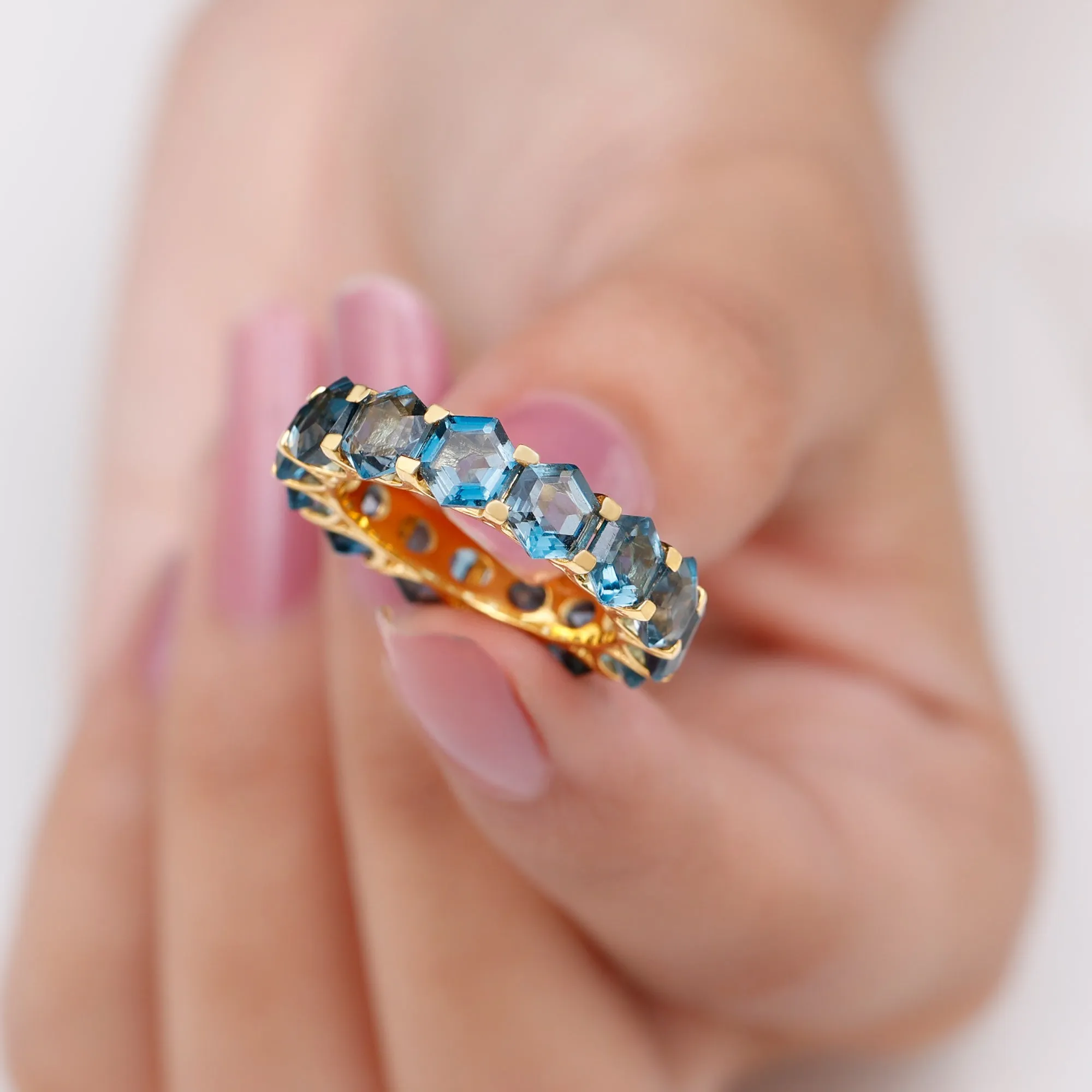 Hexagon Cut London Blue Topaz Eternity Band Ring