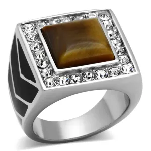 High polished (no plating) Stainless Steel Ring with Synthetic Tiger Eye in Topaz for Women Style TK938