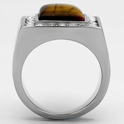 High polished (no plating) Stainless Steel Ring with Synthetic Tiger Eye in Topaz for Women Style TK938