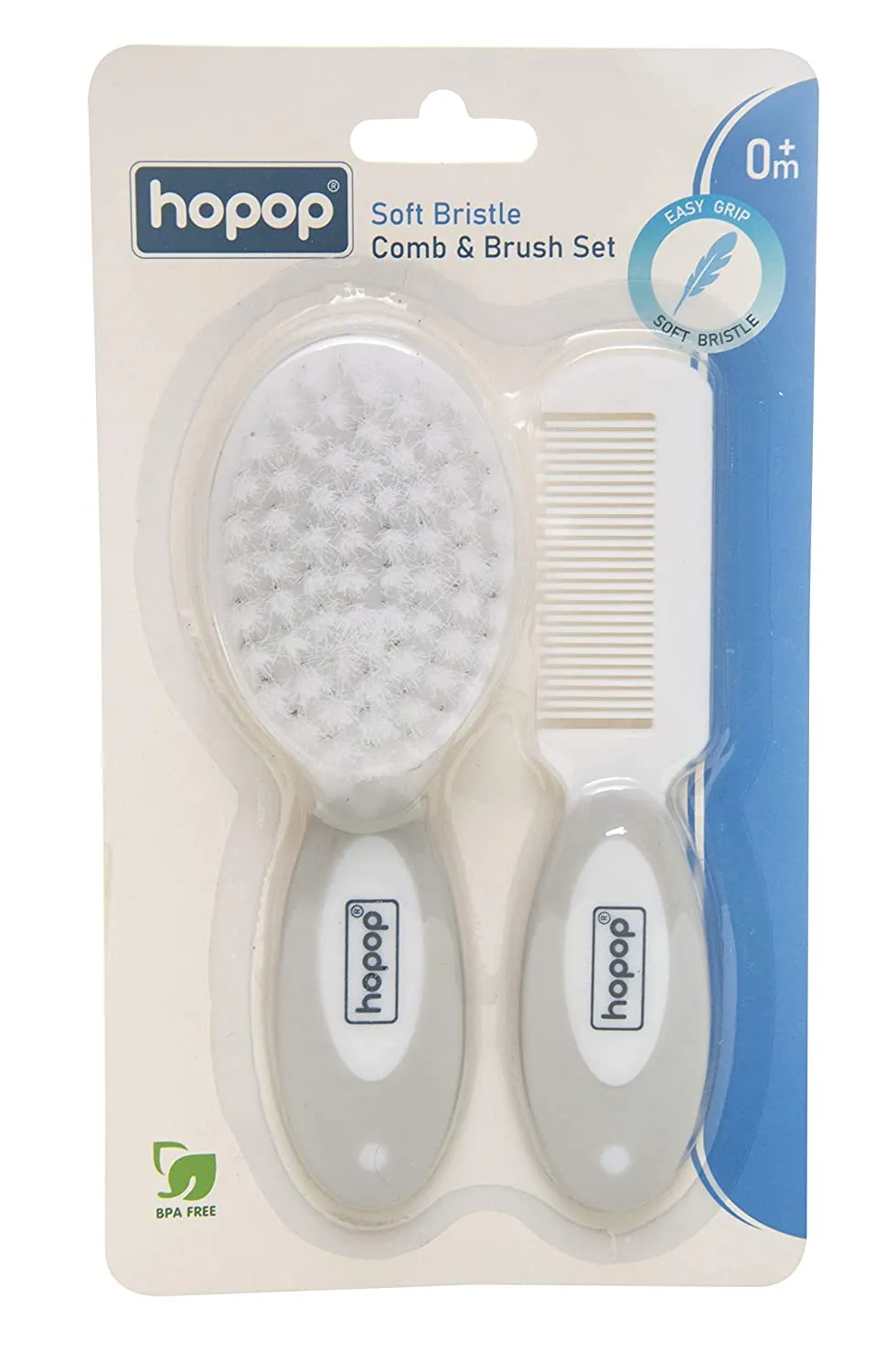 HOPOP Soft Bristle Comb & Brush Set For Babies - White & Grey 0m 