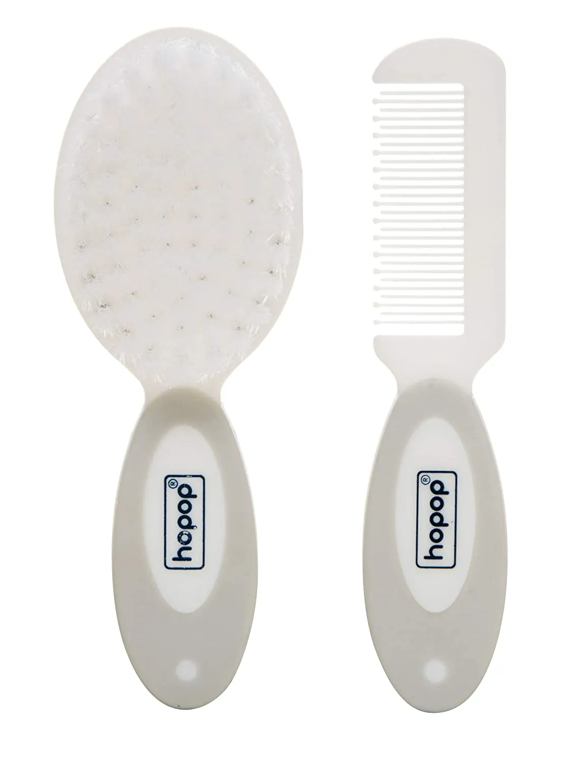 HOPOP Soft Bristle Comb & Brush Set For Babies - White & Grey 0m 