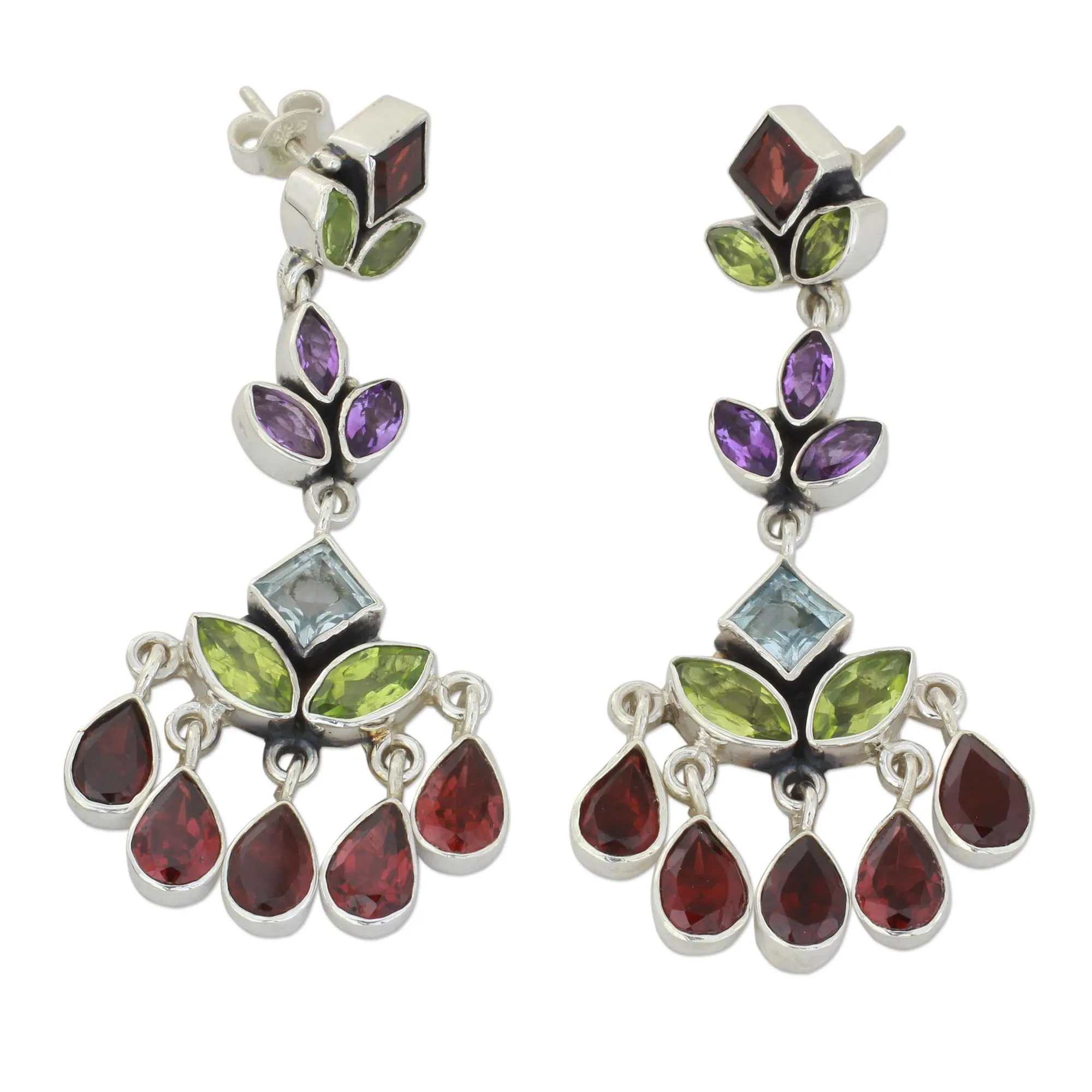 Indian Multi Gemstone Silver Chandelier Earrings - Classic Radiance | NOVICA