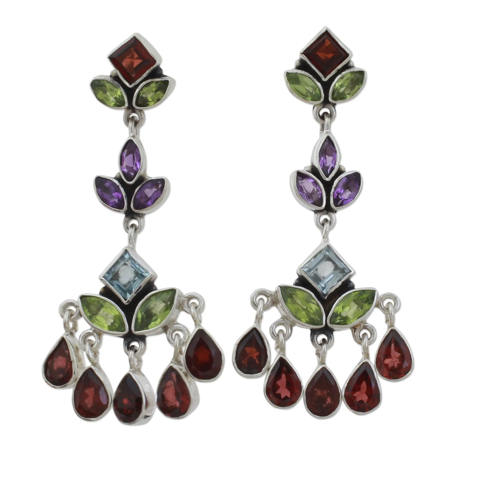 Indian Multi Gemstone Silver Chandelier Earrings - Classic Radiance | NOVICA