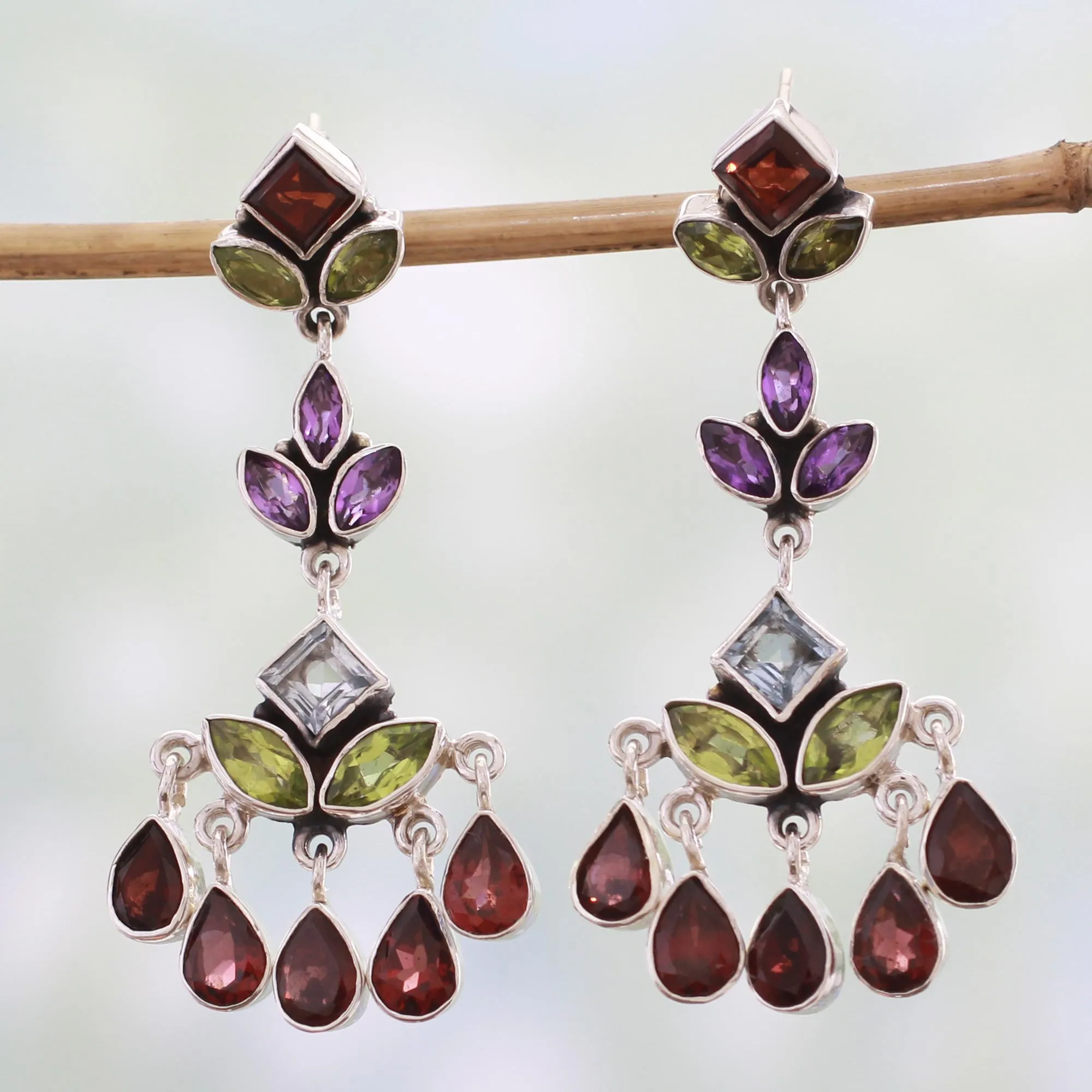 Indian Multi Gemstone Silver Chandelier Earrings - Classic Radiance | NOVICA