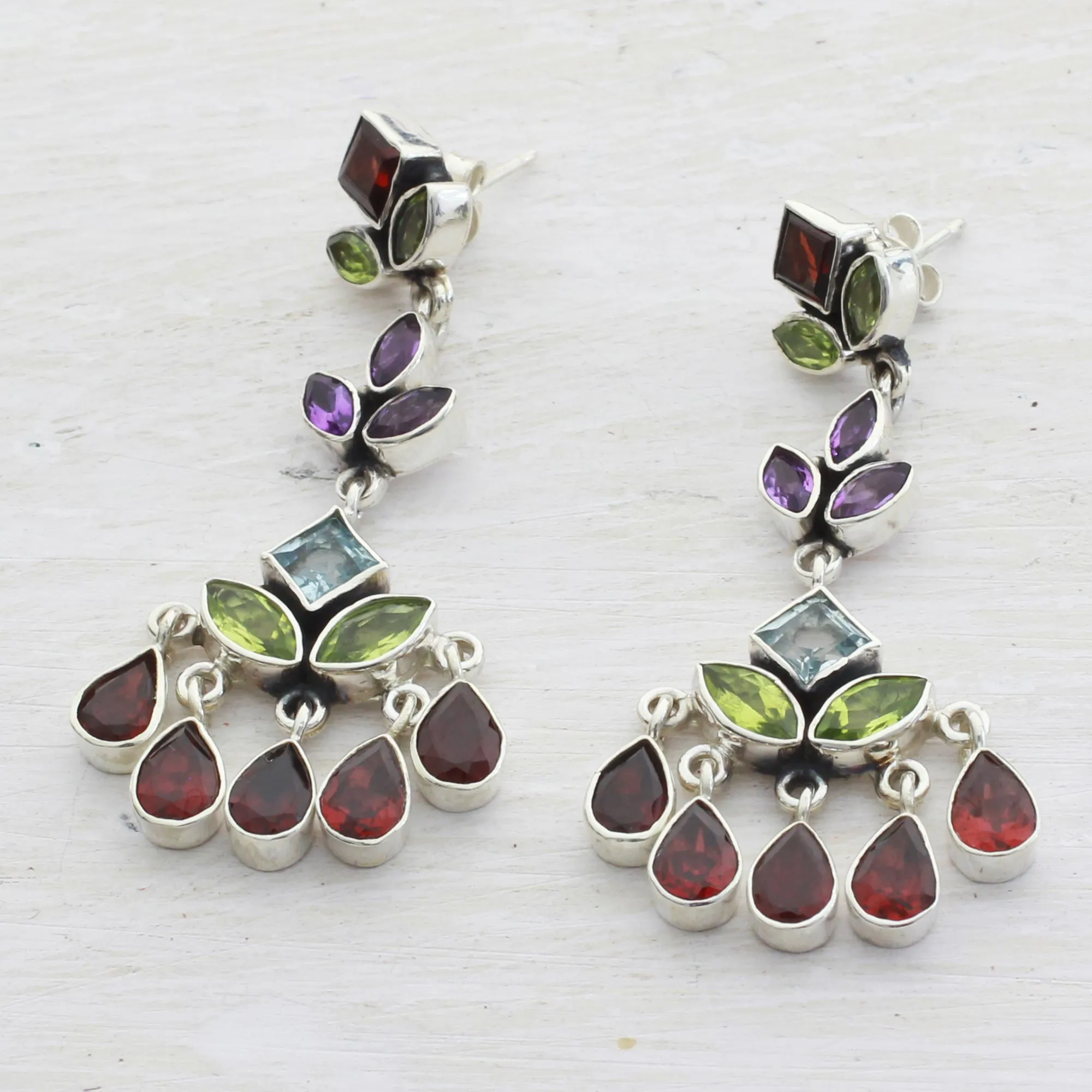 Indian Multi Gemstone Silver Chandelier Earrings - Classic Radiance | NOVICA