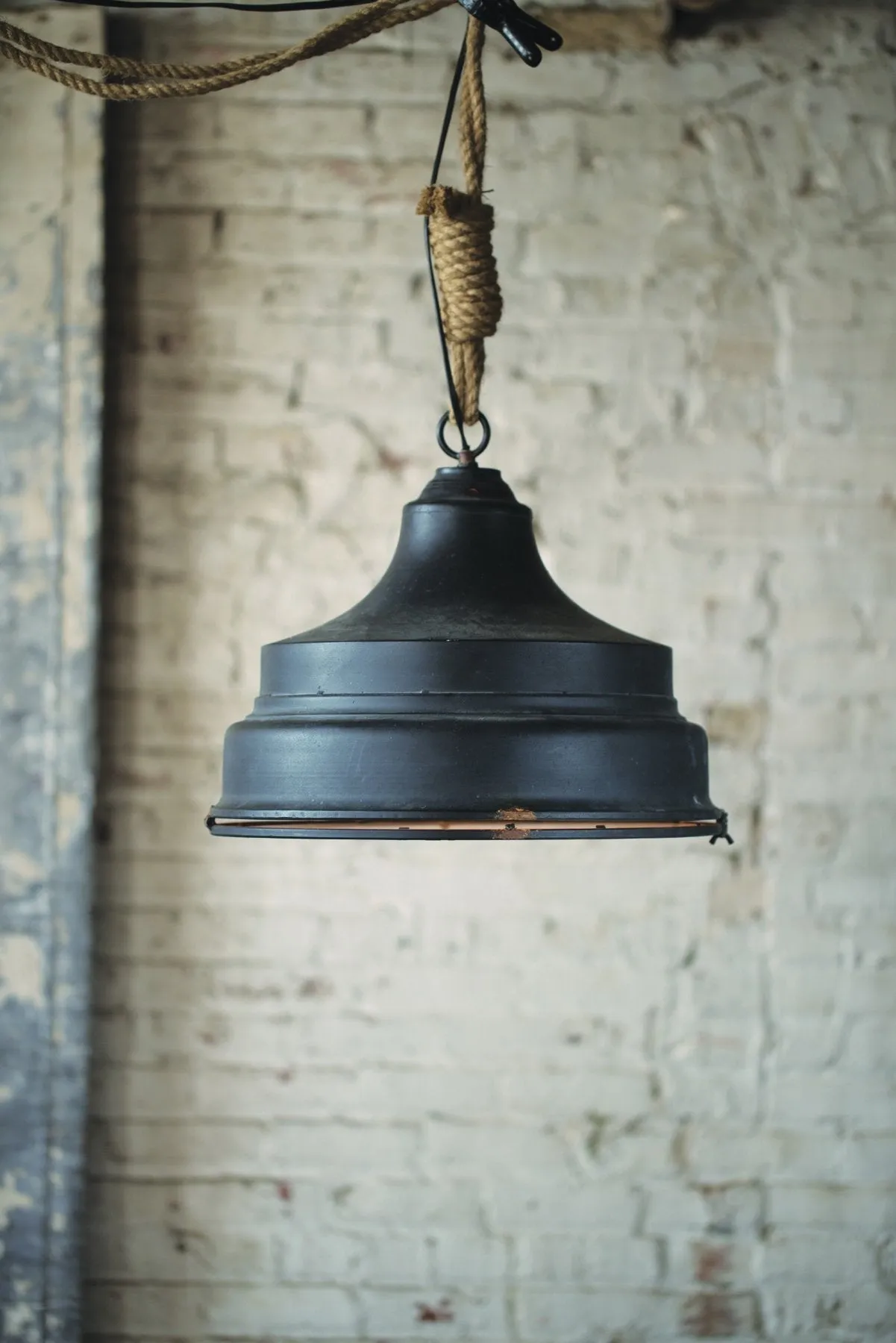 Kalalou Black Metal Pendant Light With Glass Cover And Rope Detail