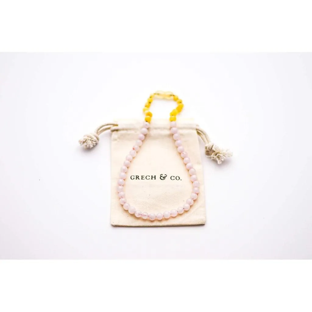 Kids Amber Necklace - Rose Quartz   Raw Milky