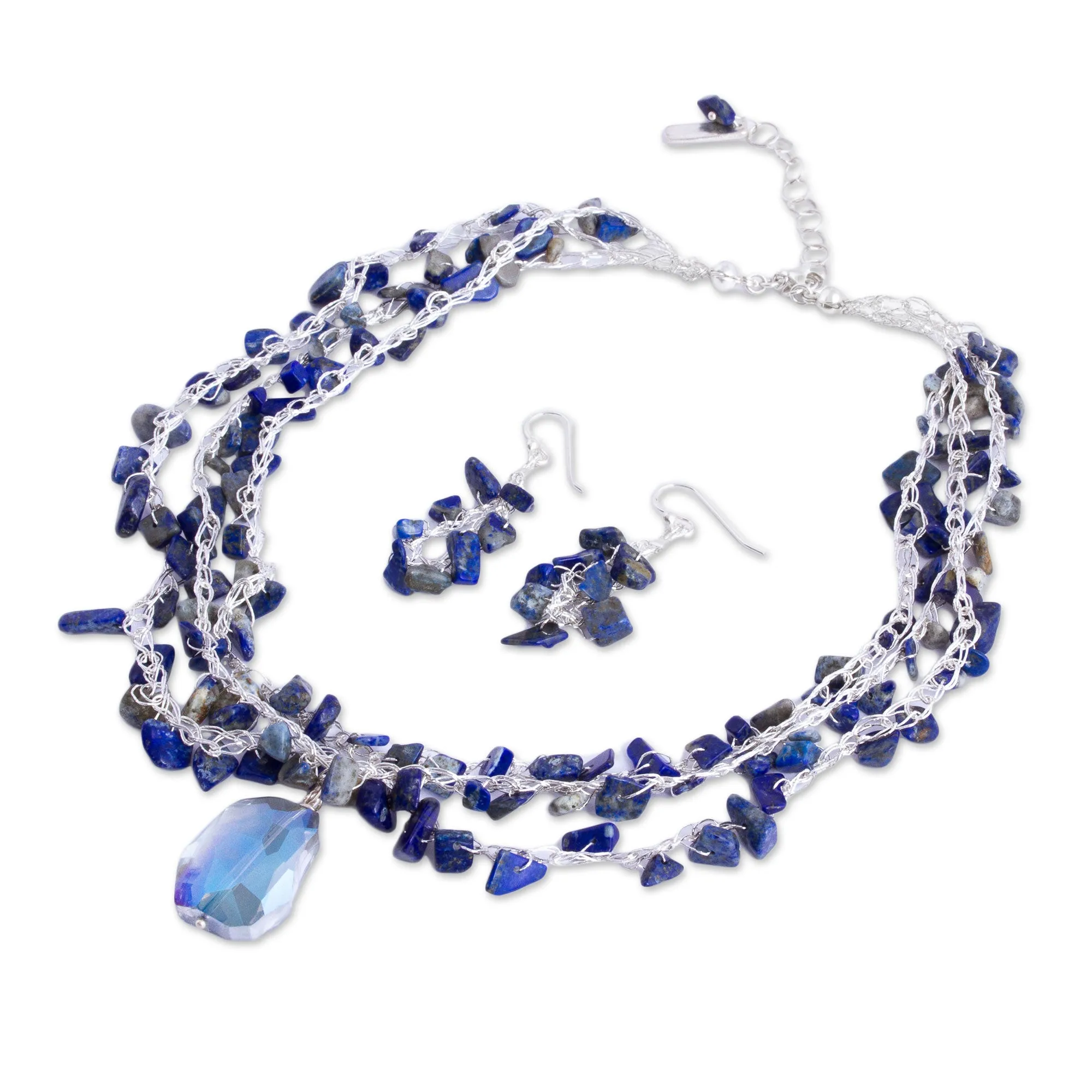 Lapis Lazuli and Crystal Beaded Necklace and Earring Set - Ocean Meditation | NOVICA