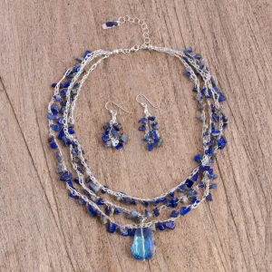 Lapis Lazuli and Crystal Beaded Necklace and Earring Set - Ocean Meditation | NOVICA