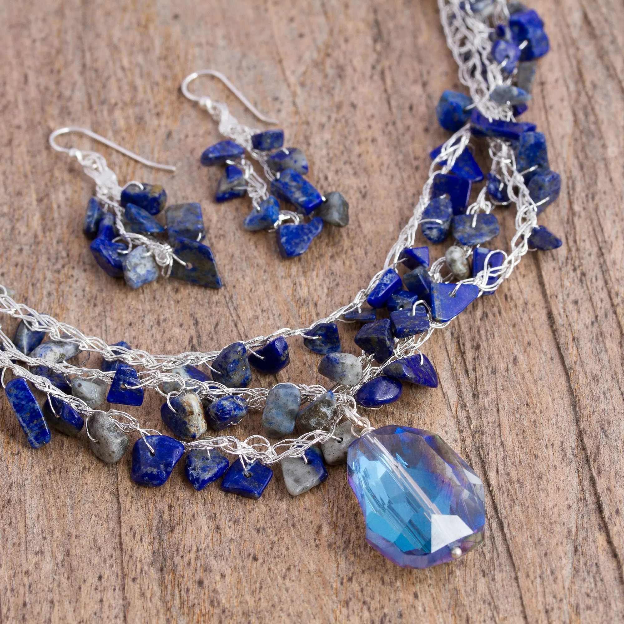 Lapis Lazuli and Crystal Beaded Necklace and Earring Set - Ocean Meditation | NOVICA