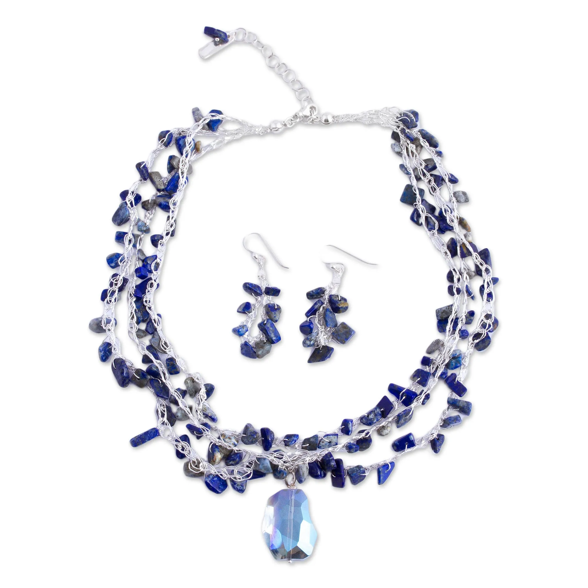 Lapis Lazuli and Crystal Beaded Necklace and Earring Set - Ocean Meditation | NOVICA