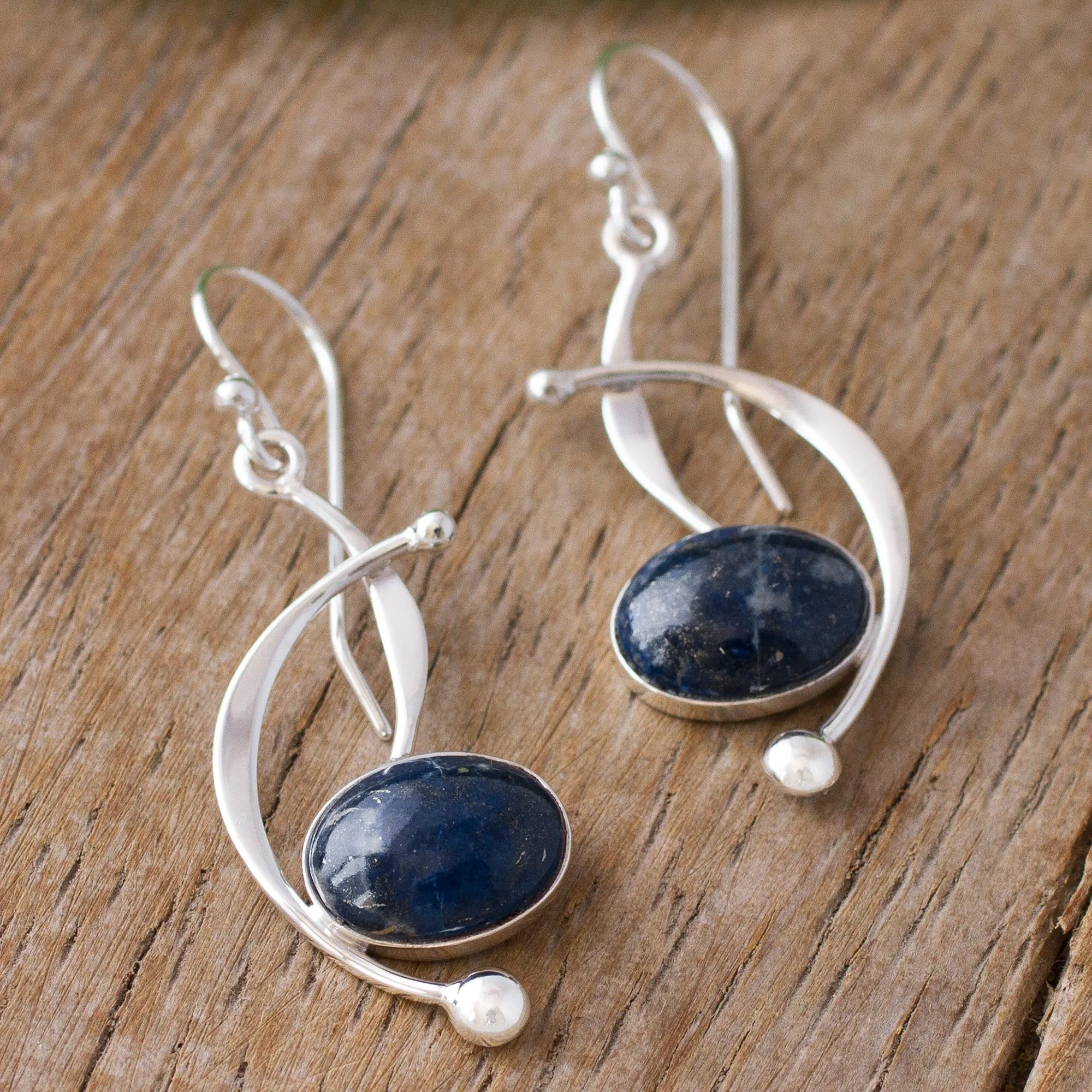 Lapis Lazuli and Sterling Silver Dangle Earrings from Peru - Crescent Eyes | NOVICA