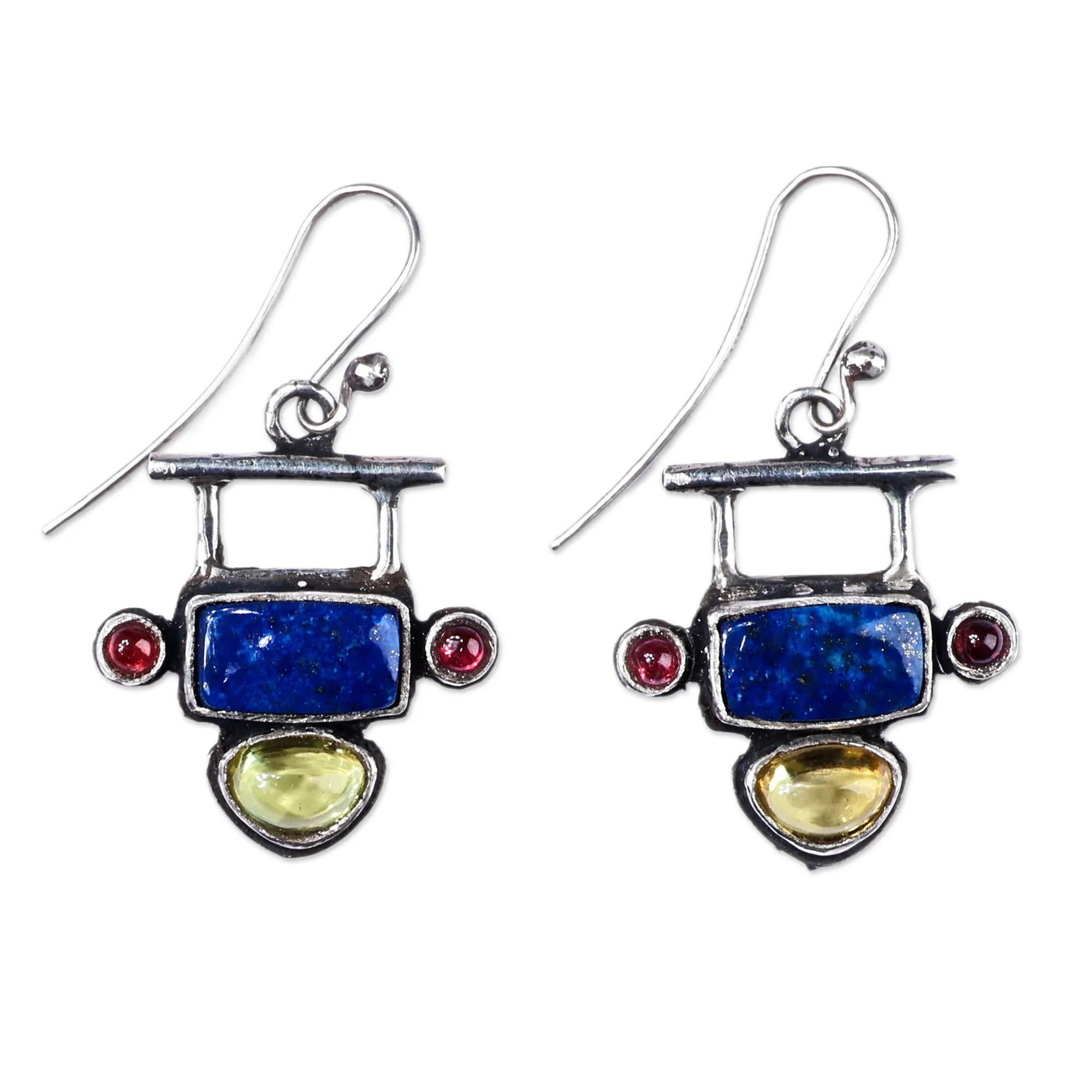 Lapis Lazuli Garnet and Synthetic Sapphire Dangle Earrings - Geometric Space | NOVICA