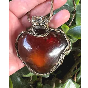 Large Amber necklace, heart pendant, good luck necklace