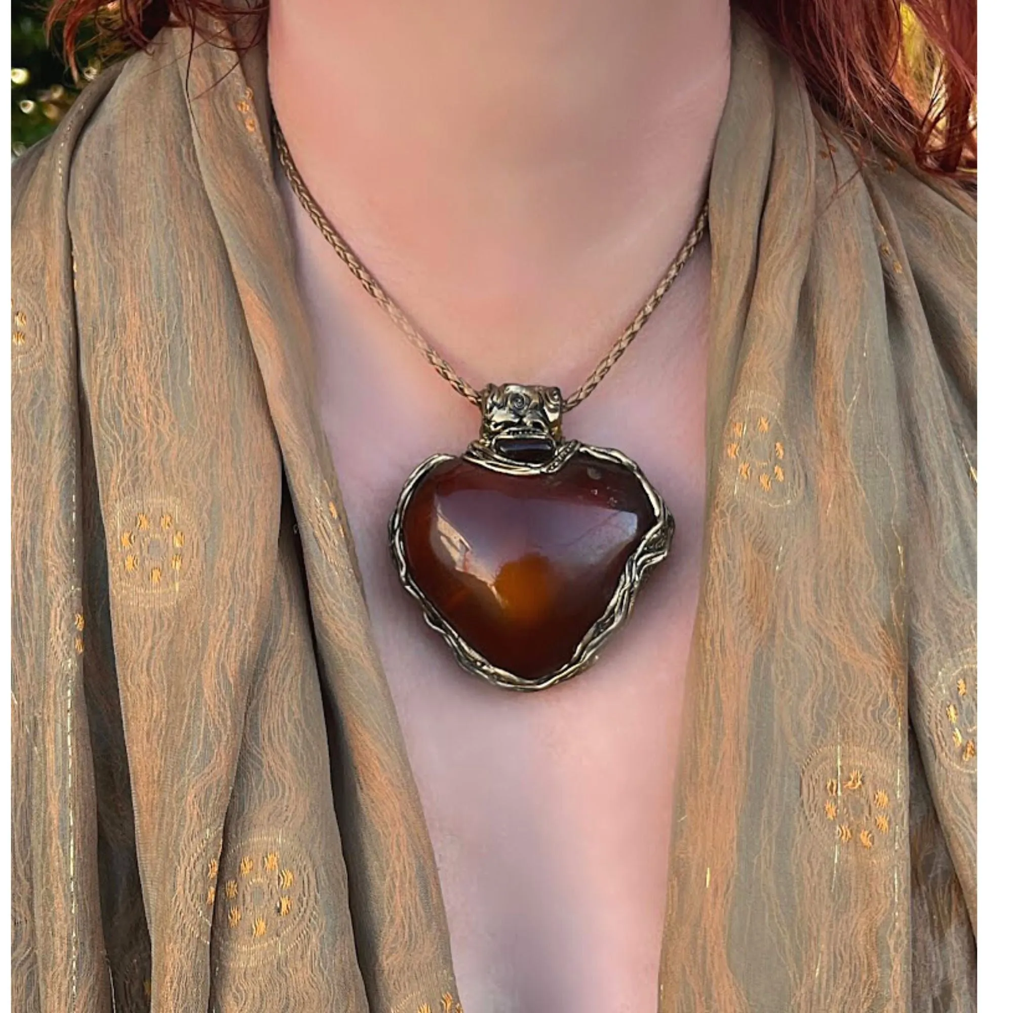 Large Amber necklace, heart pendant, good luck necklace