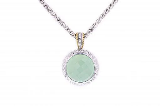 Limited Edition Italian Sterling Silver Pendant with a green onyx center stone 0.01ct white diamond and 14K solid yellow gold accents A Sterling Silver chain is included