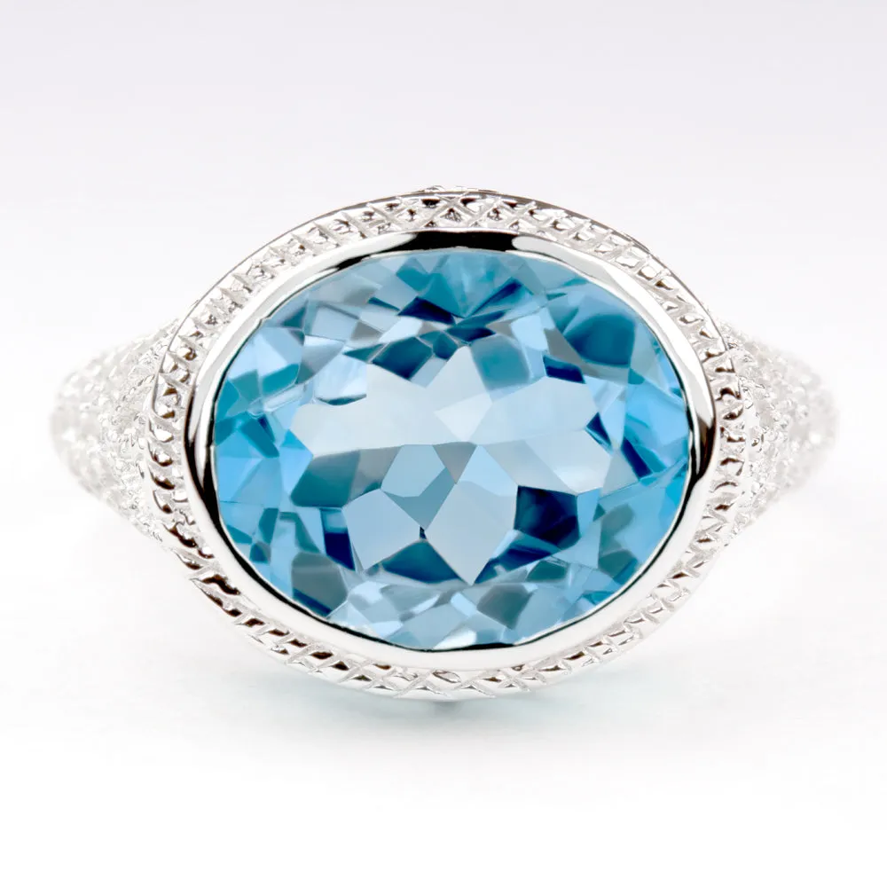 LONDON BLUE TOPAZ STERLING SILVER RING VINTAGE STYLE EAST WEST OVAL FILIGREE