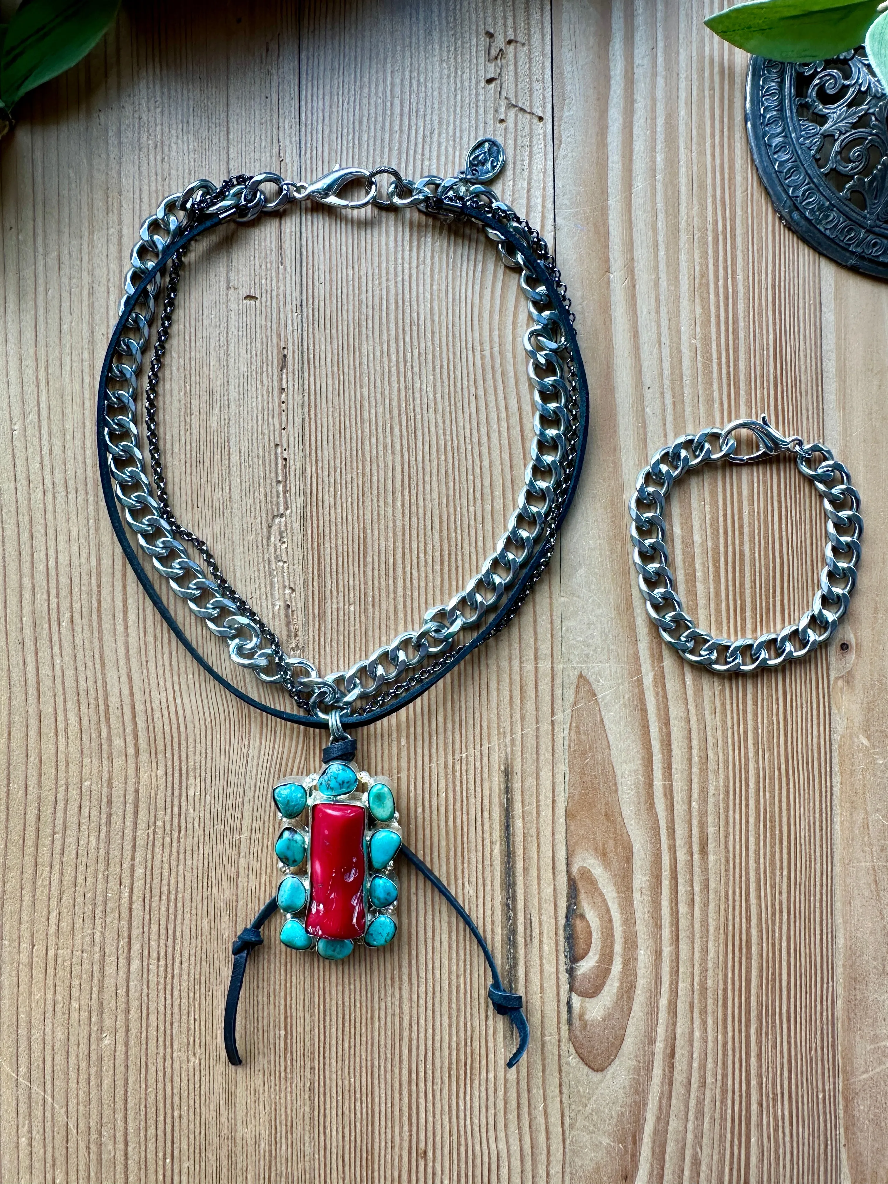 Lu Couture Red Coral & Turquoise Necklace