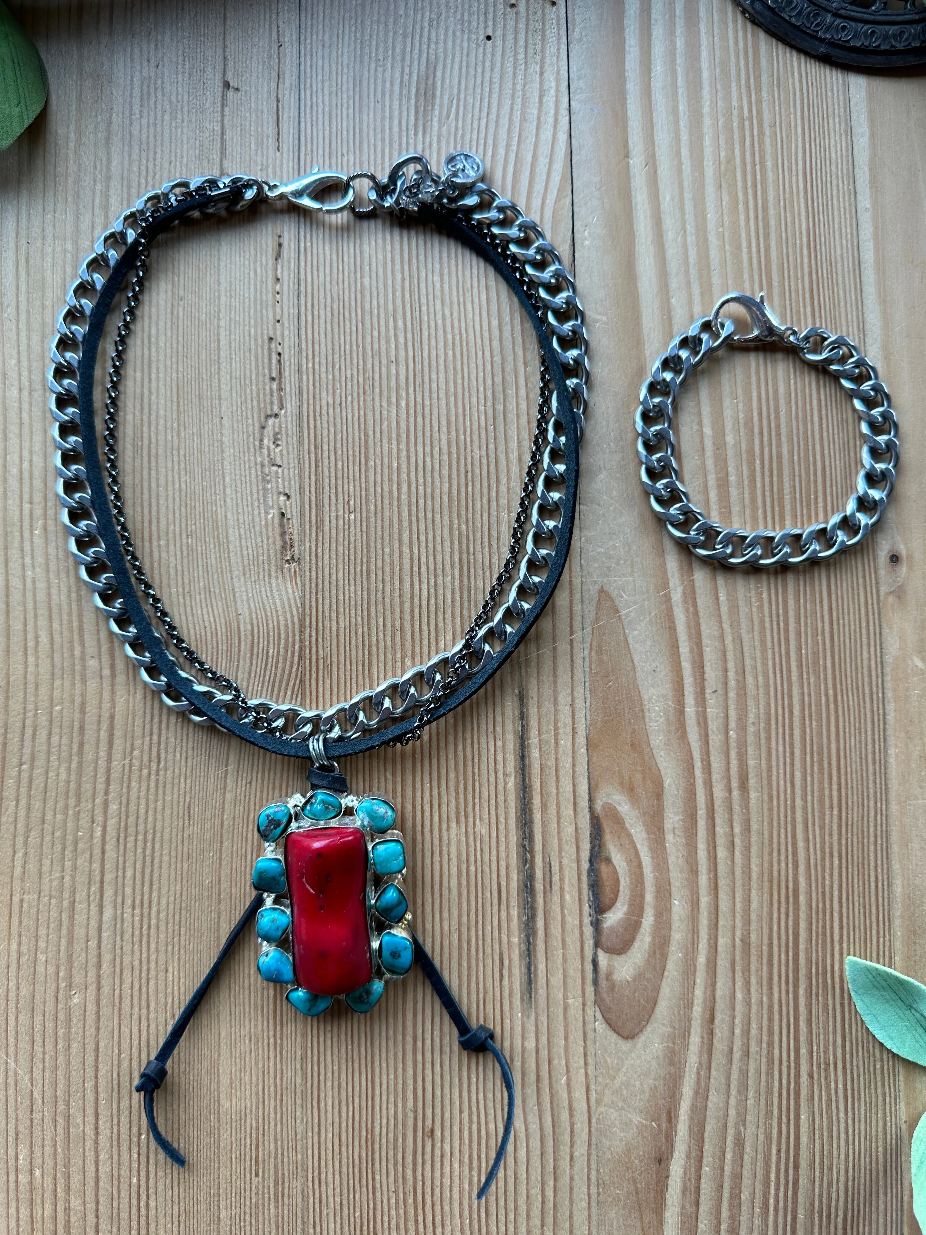 Lu Couture Red Coral & Turquoise Necklace