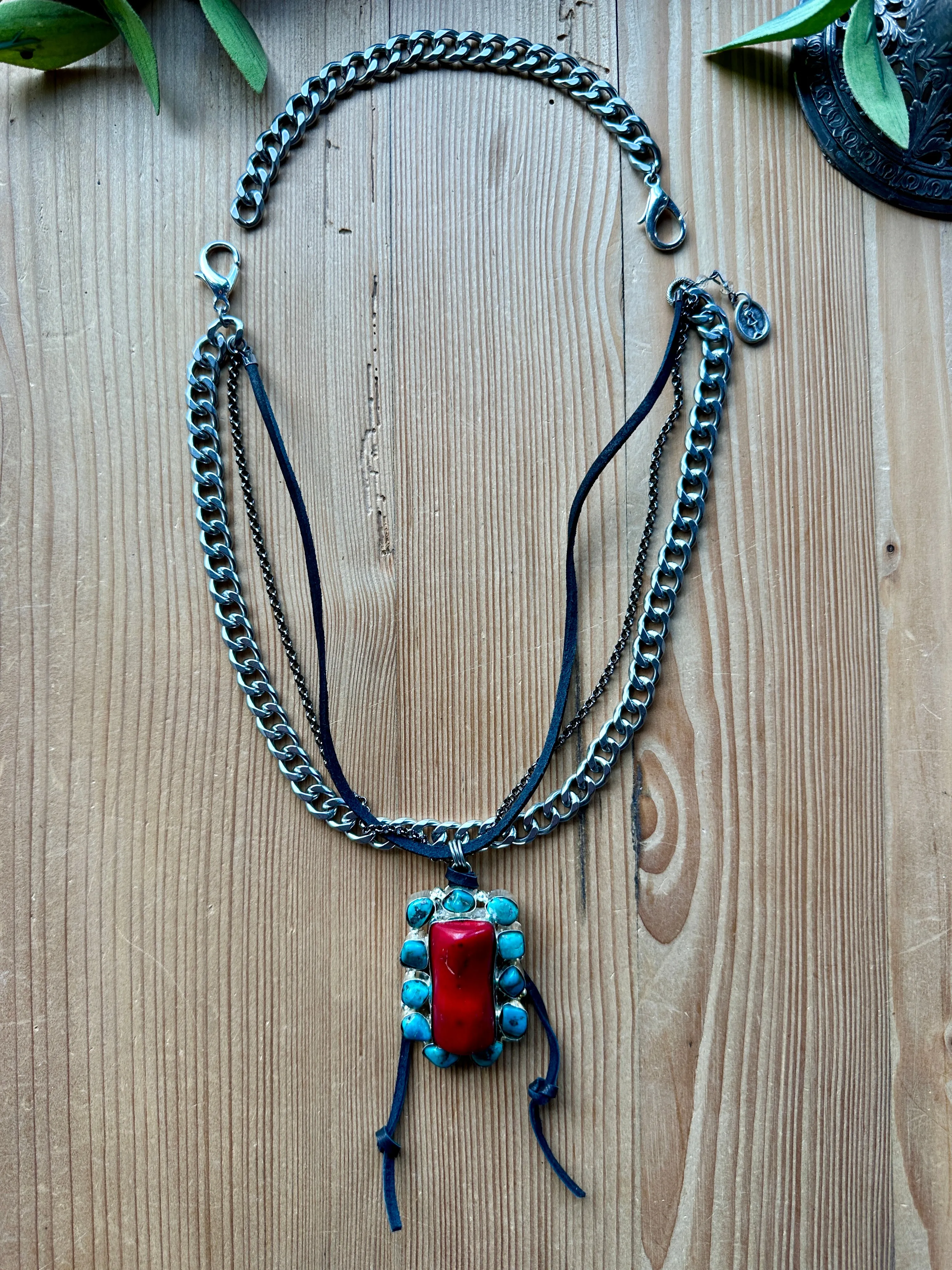 Lu Couture Red Coral & Turquoise Necklace