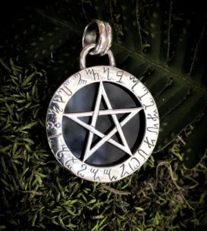 Magick Mirror Pentagram Pendant - Onyx & Sterling Silver - Theban Witches' Alphabet