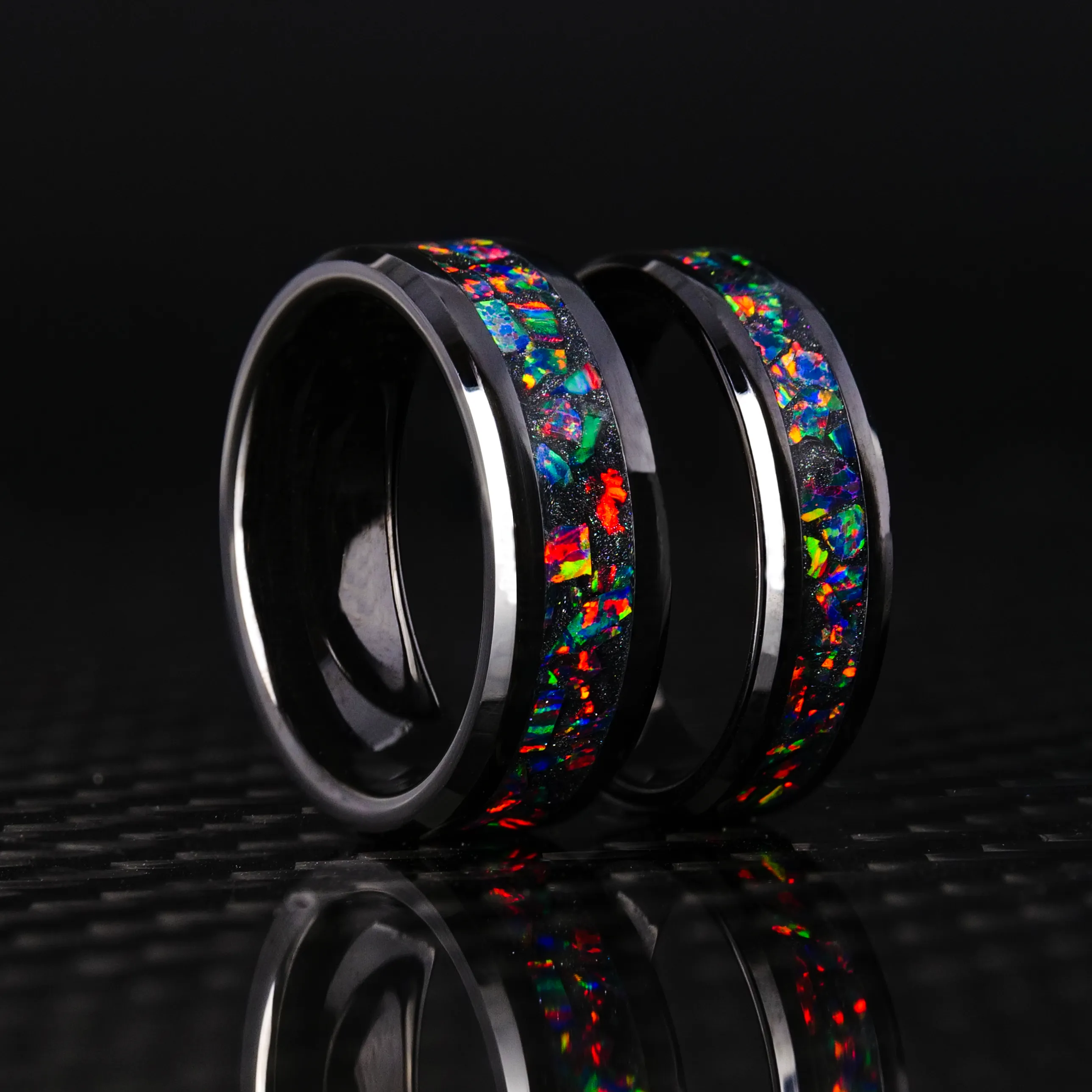 Matching Black Fire Opal Glowstone Wedding Ring Set