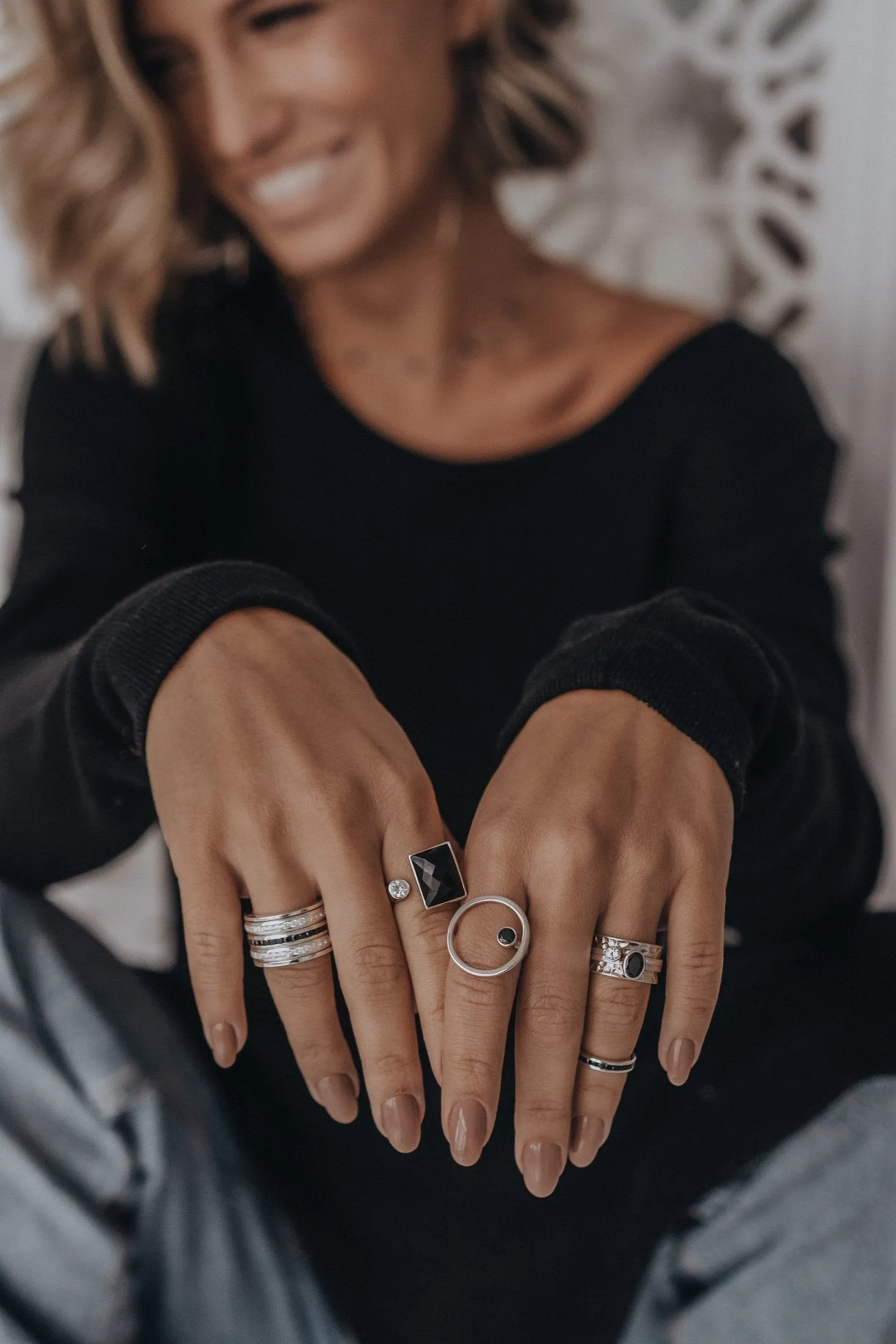 Mechanism Ring with Oval Facet Black Spinel and White Topaz