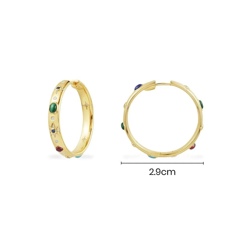 Medium Multicolor Stone Hoop Earrings - Yellow Silver