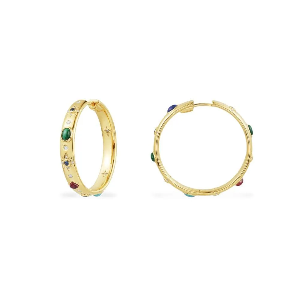 Medium Multicolor Stone Hoop Earrings - Yellow Silver