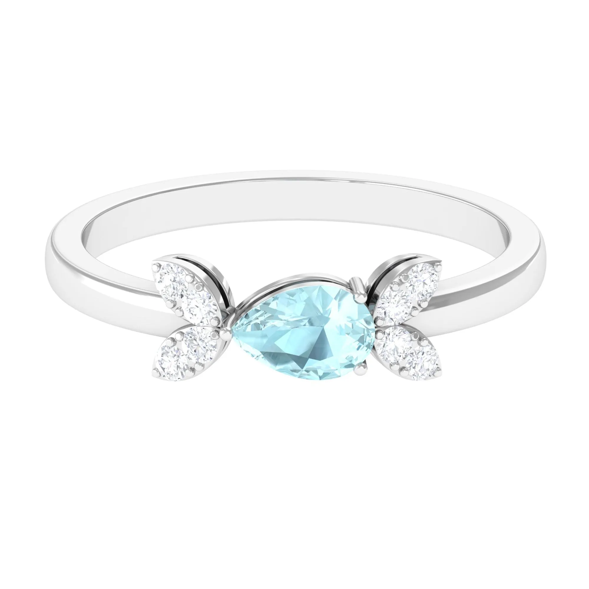 Minimal Leaf Promise Ring with Sky Blue Topaz and Diamond