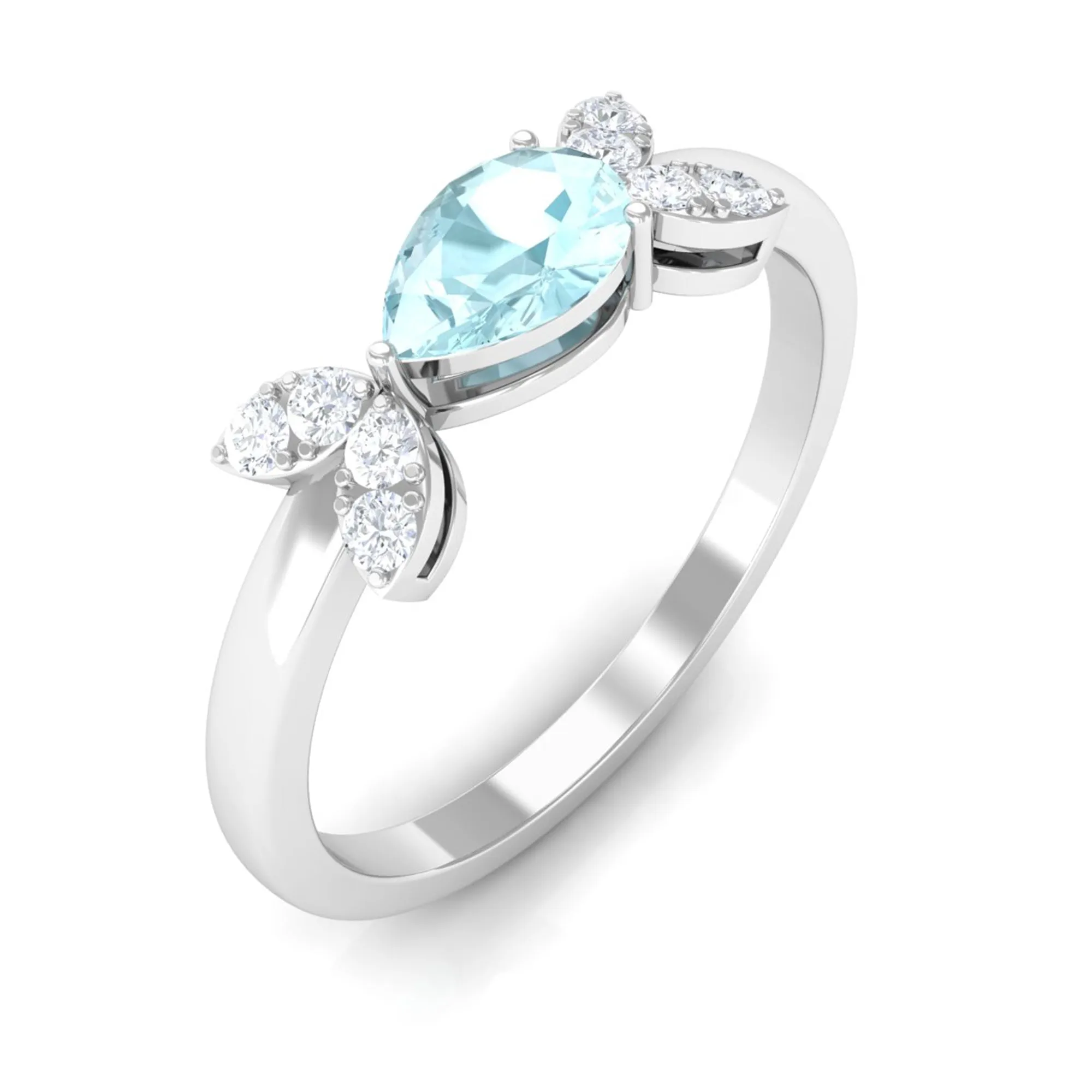 Minimal Leaf Promise Ring with Sky Blue Topaz and Diamond