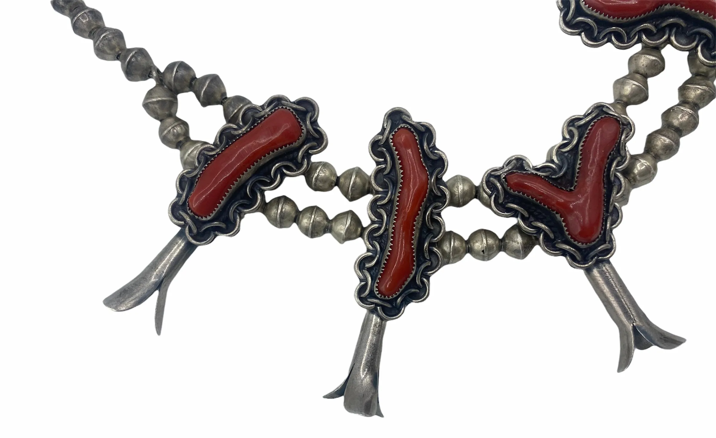 Navajo Silver and Coral Squash Blossom Necklace