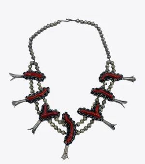 Navajo Silver and Coral Squash Blossom Necklace