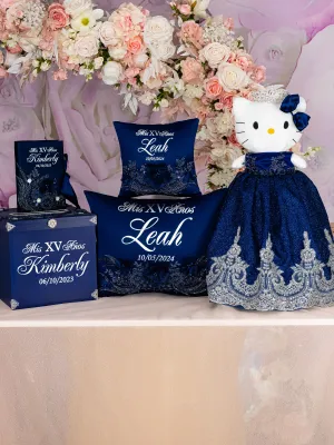 Navy Blue with silver Quinceanera package of Money Card Box, Bible, pillows set and Kitty