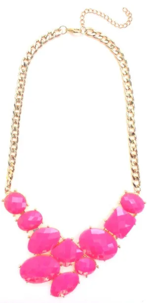 Neon Jeweled Gemstone Statement Necklace- Neon Pink