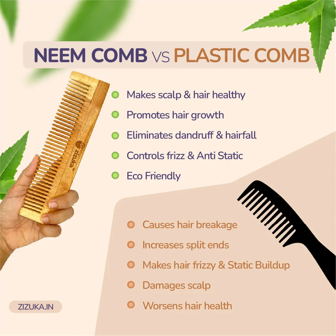 Oil Treated Neem Comb -Fine Tooth, Natural Detangling, Anti-Static