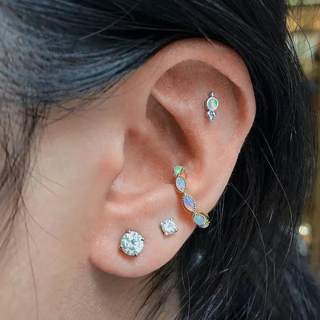 Opal Four Ball Trinity Earring by Maria Tash in 14K White Gold. Flat Stud.