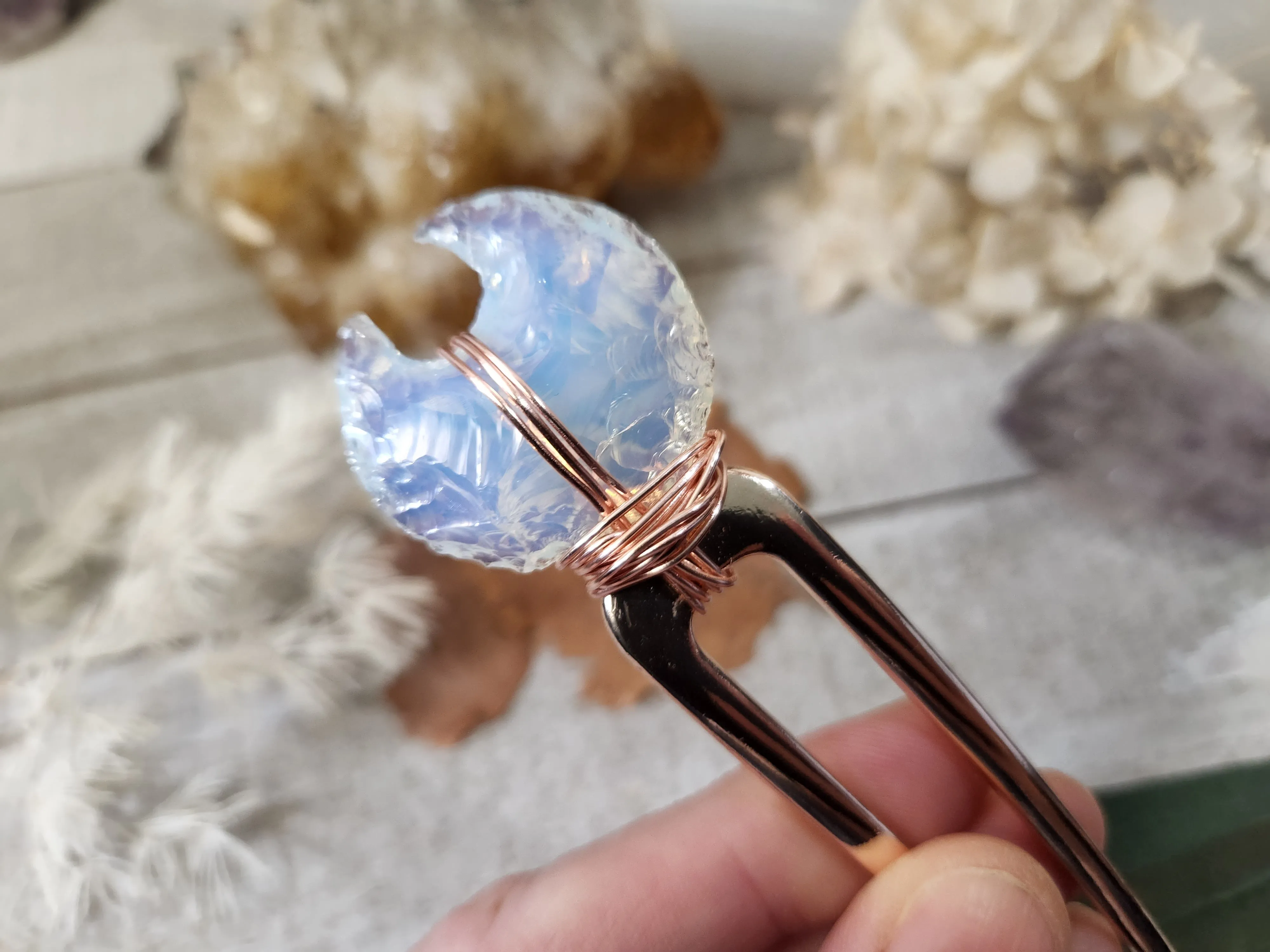 Opalite moon rose gold hair pin