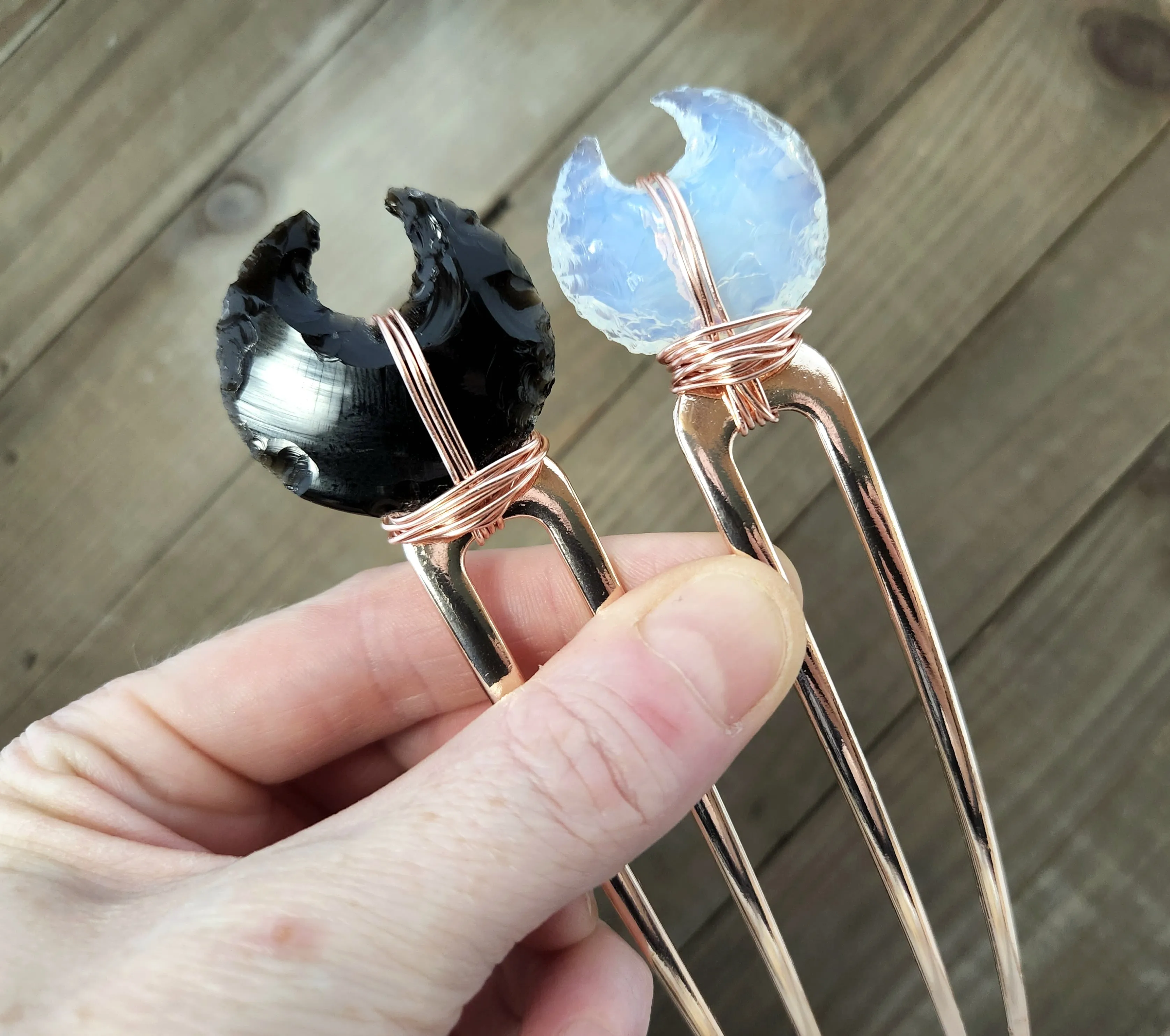 Opalite moon rose gold hair pin