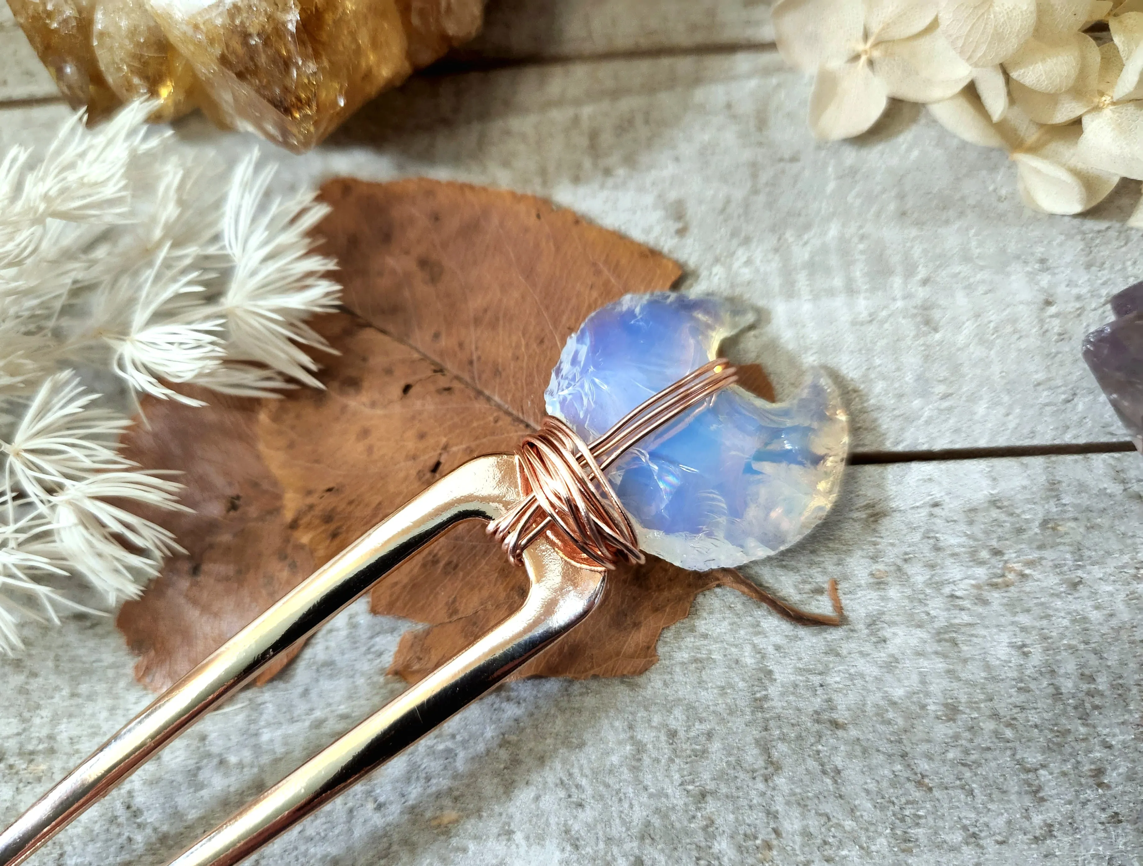 Opalite moon rose gold hair pin