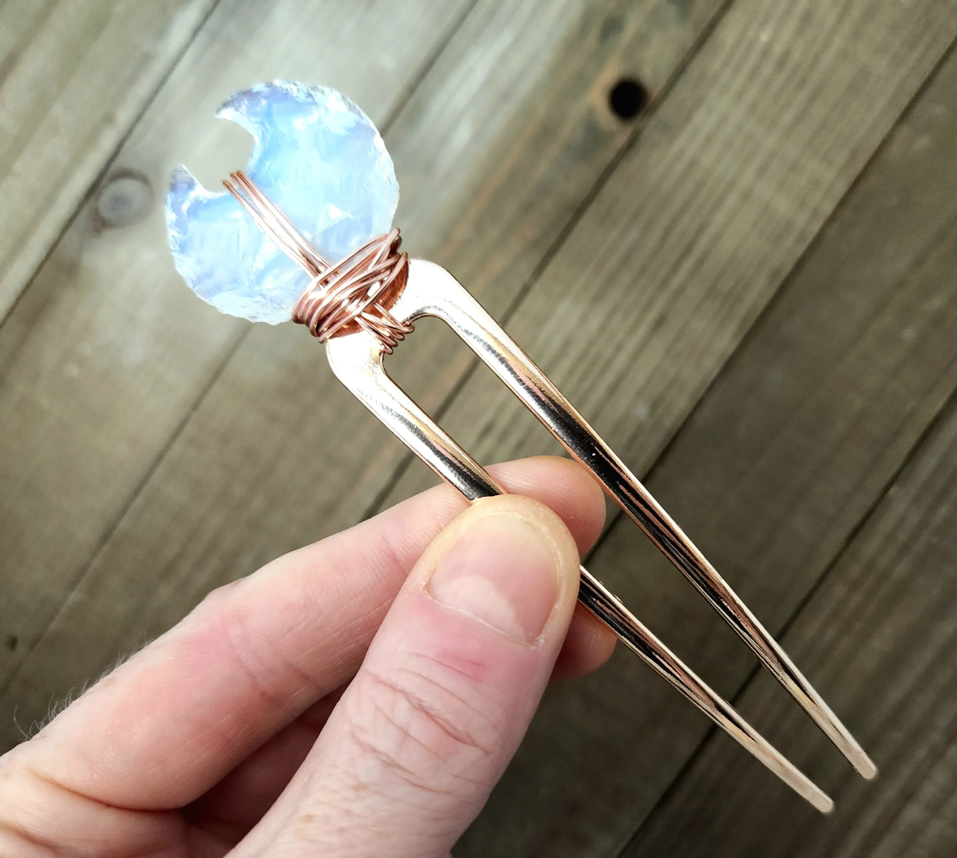 Opalite moon rose gold hair pin