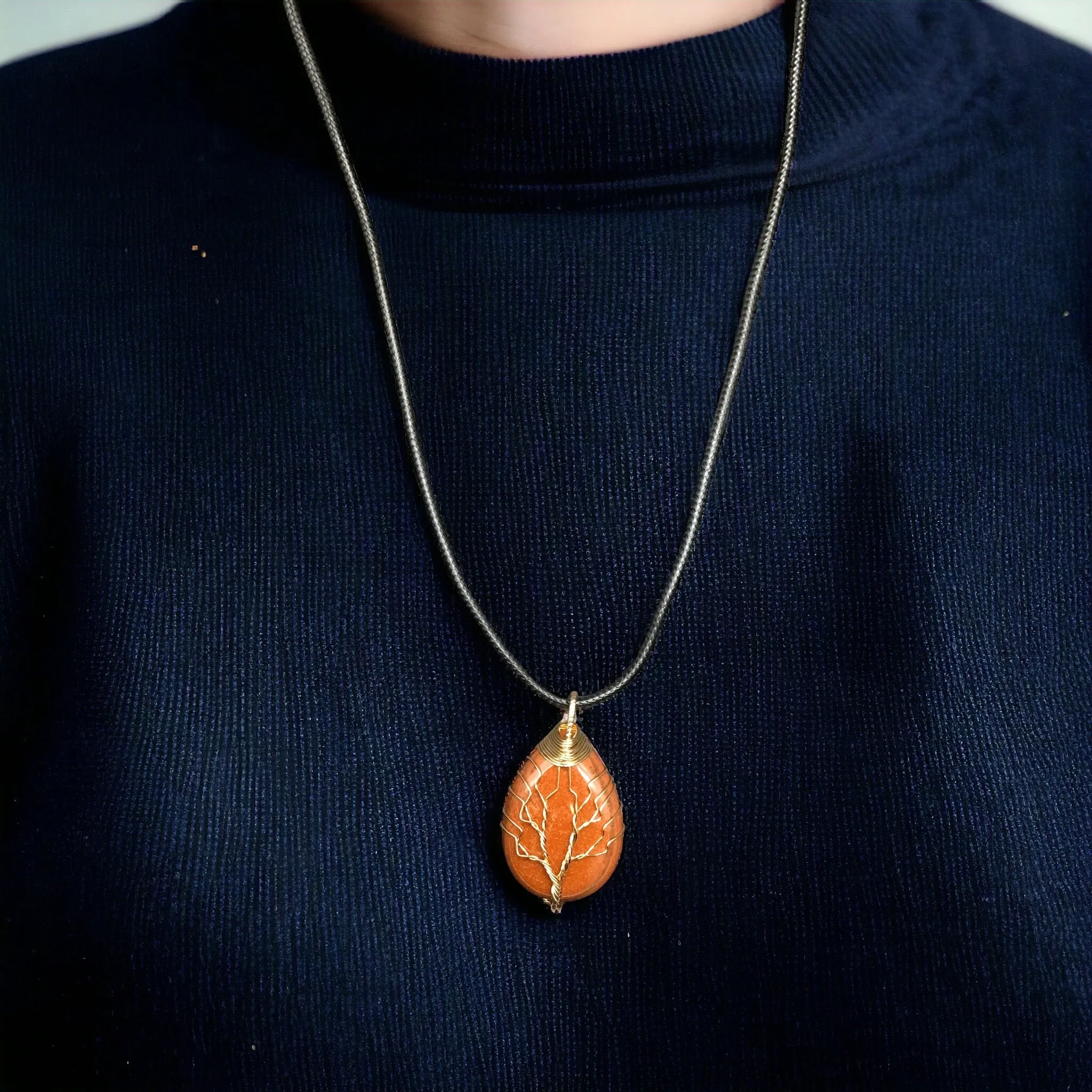 Orange Gemstone Pendant Wrapped w/ Gold Tree of Life