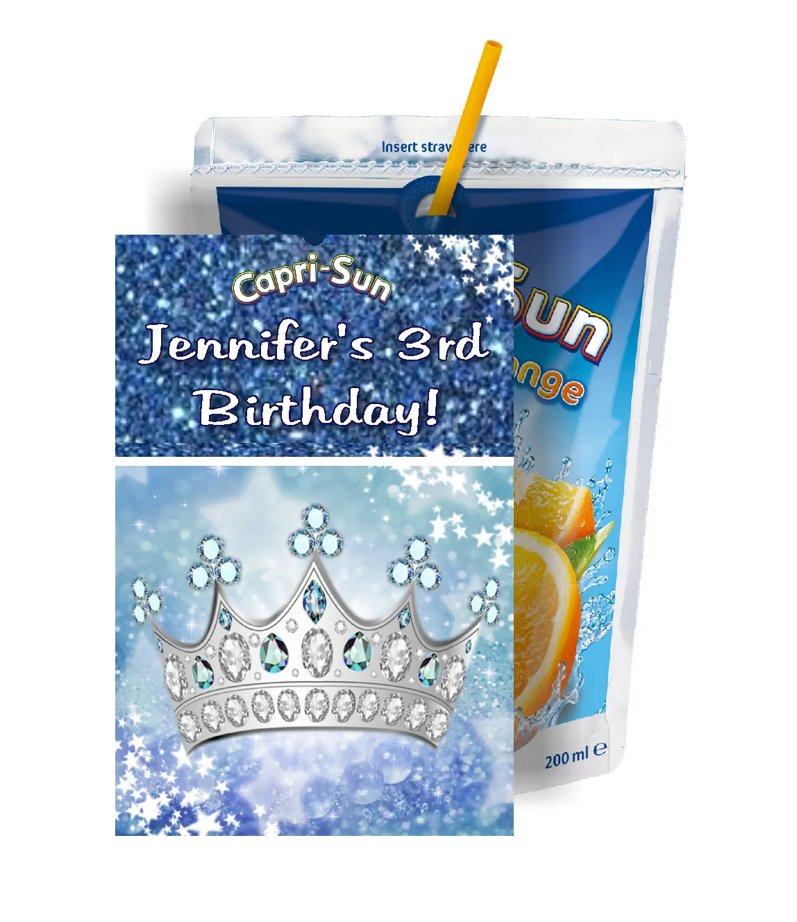 Party Favors Princess Tiara Crown Blue Silver White Birthday Capri Sun Labels Personalized Juice Stickers Supplies ideas