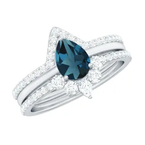 Pear Cut London Blue Topaz Trio Wedding Ring Set with Diamond