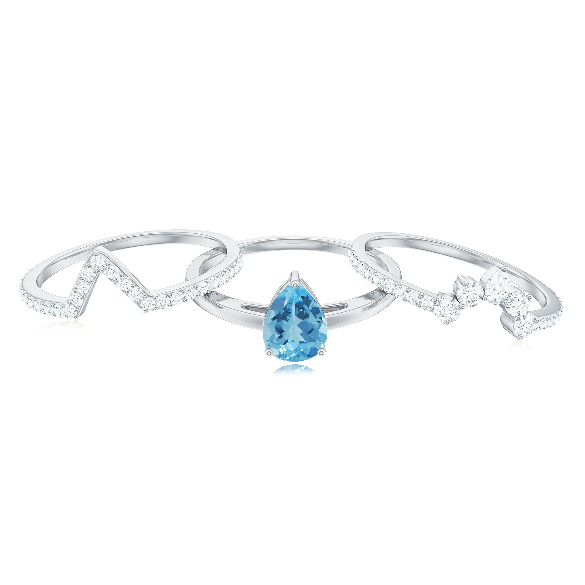 Pear Cut Swiss Blue Topaz Trio Wedding Ring Set with Moissanite