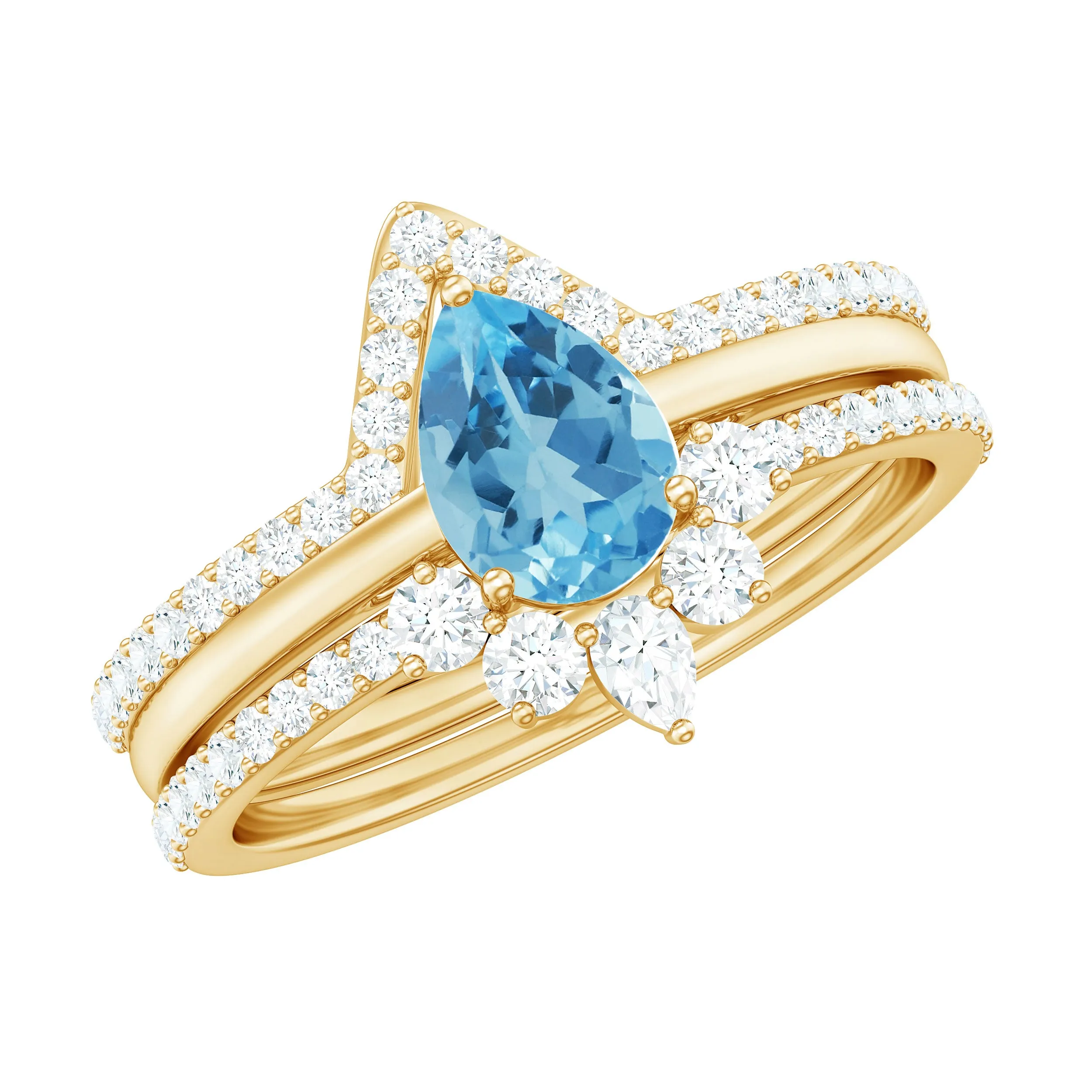 Pear Cut Swiss Blue Topaz Trio Wedding Ring Set with Moissanite