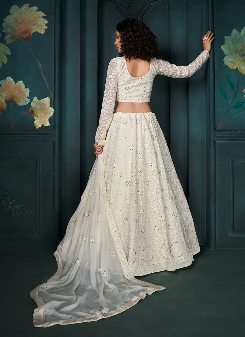 Pearl White Lucknowi Embroidery Festive Lehenga Choli