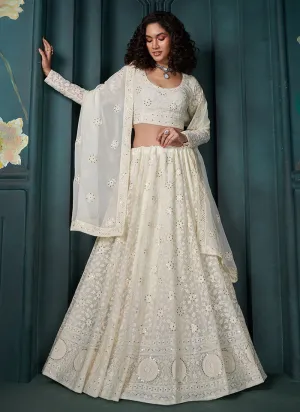 Pearl White Lucknowi Embroidery Festive Lehenga Choli