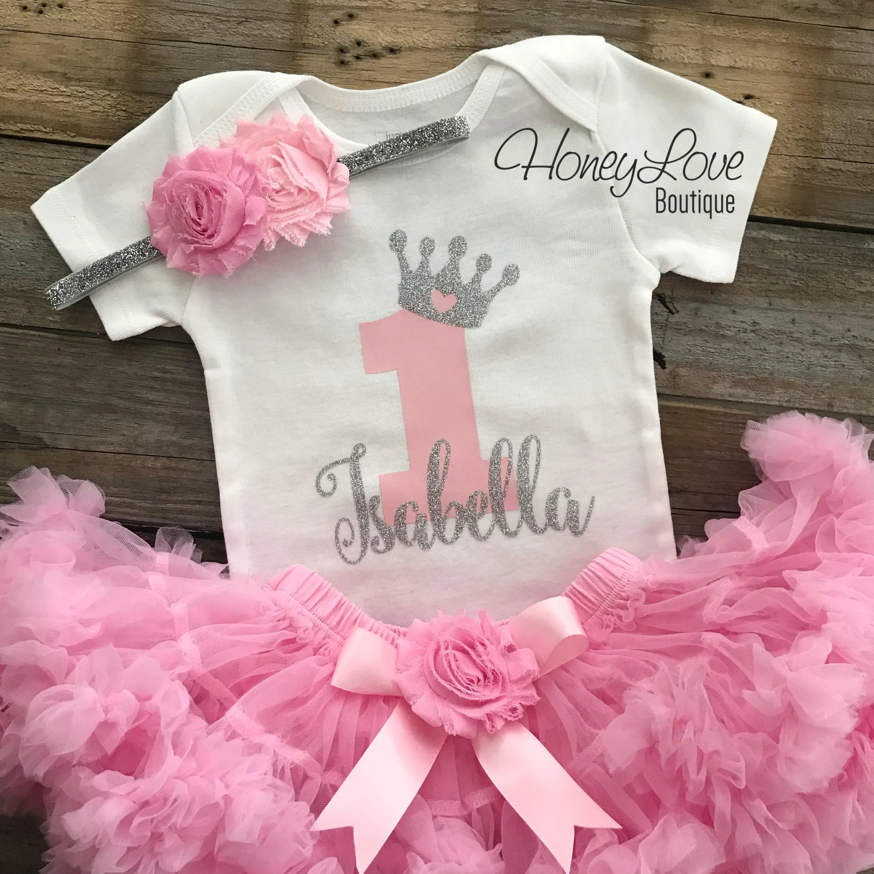 Personalized 1st Birthday Princess outfit - Silver Glitter and Light Pink - embellished pettiskirt